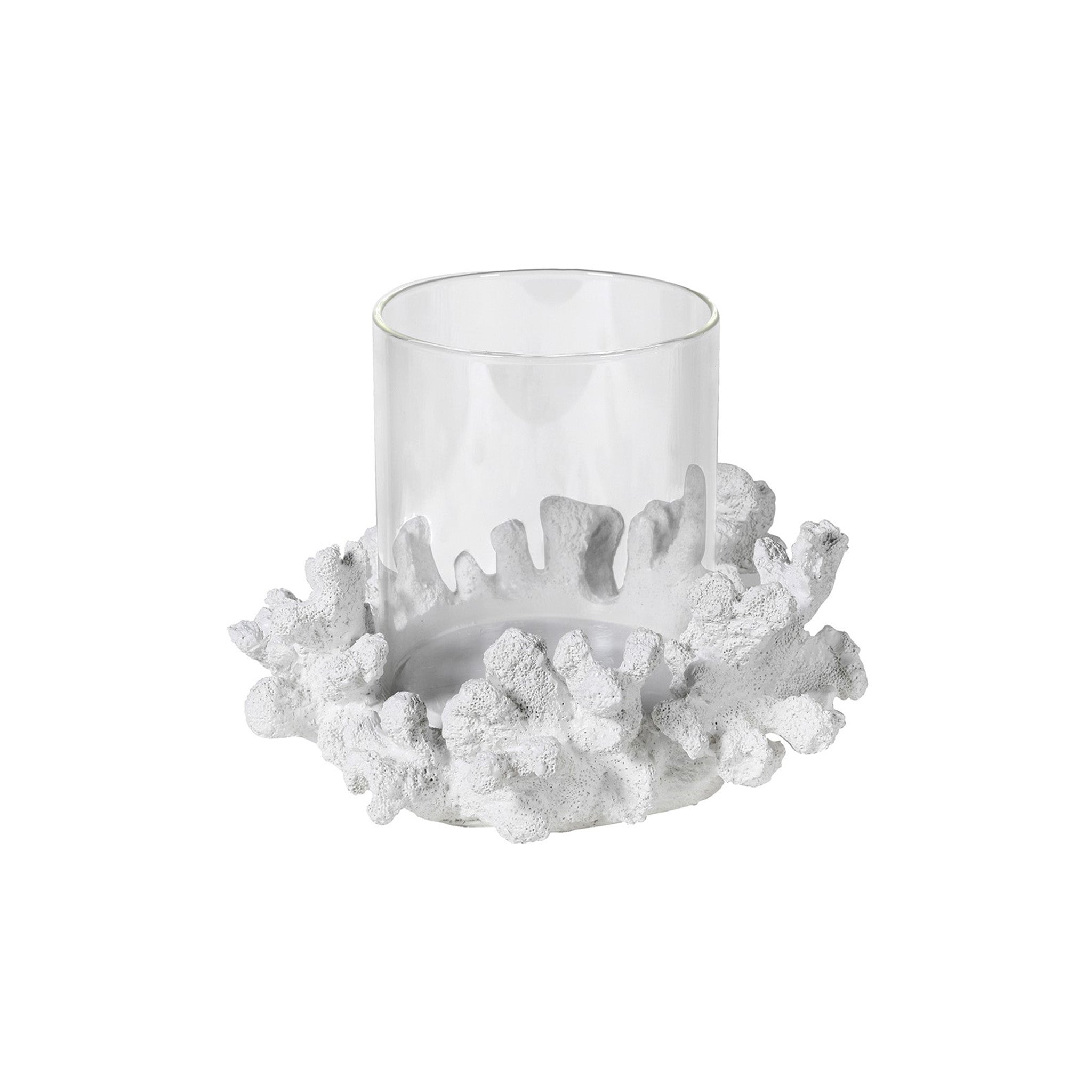 Glass column candle holder with a white sea coral effect surround. Dimensions: H:180 Dia:220 mm Materials: Resin/ Glass Delivery: 3-4 days